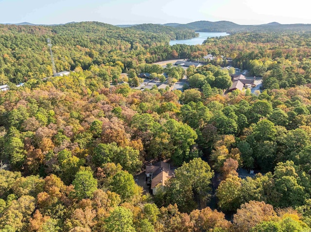 bird's eye view featuring a forest view and a water and mountain view