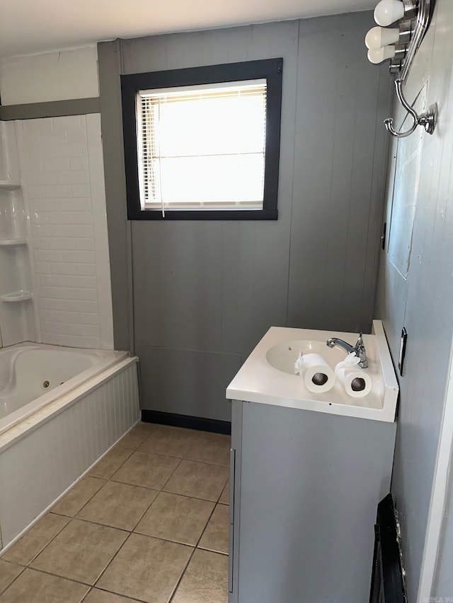 bathroom featuring a combined bath / shower with jetted tub, tile patterned flooring, and vanity