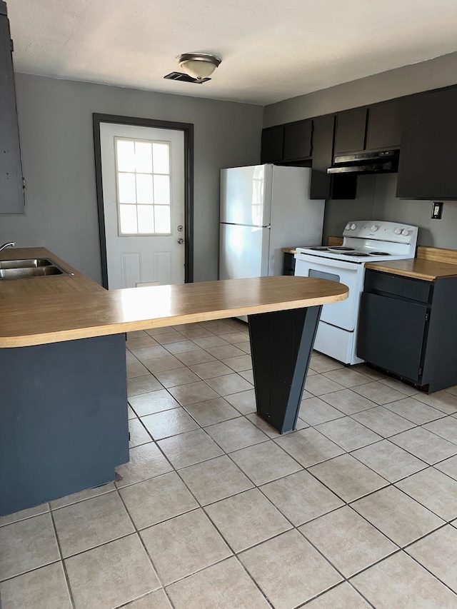 kitchen with a sink, light countertops, white appliances, and a kitchen bar