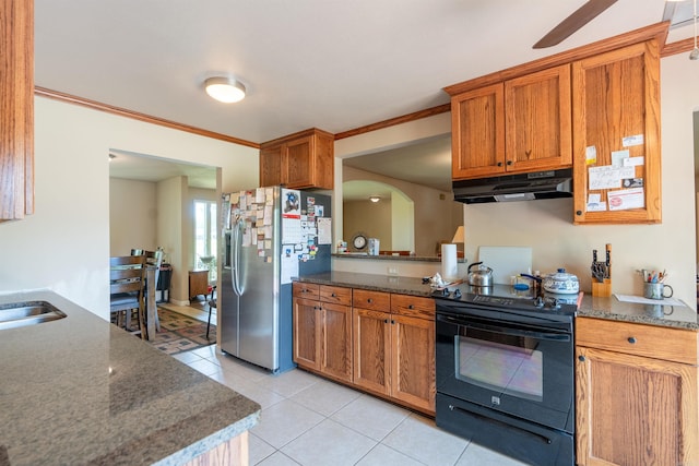 kitchen with crown molding, light tile patterned floors, black electric range oven, under cabinet range hood, and stainless steel fridge with ice dispenser