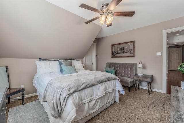 carpeted bedroom featuring lofted ceiling, ceiling fan, and baseboards