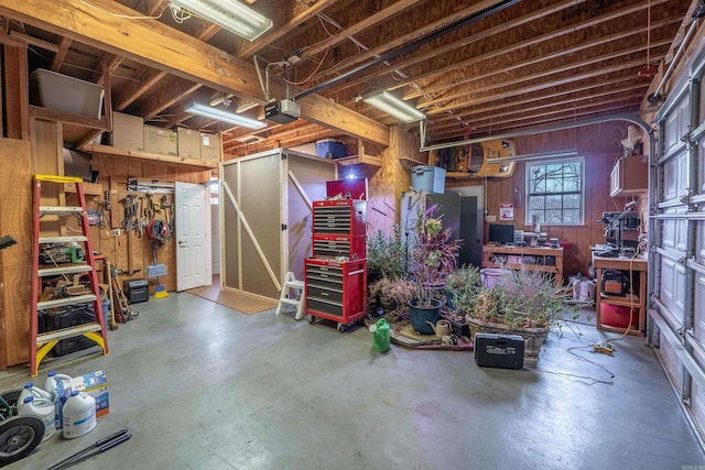 basement featuring a garage and a workshop area