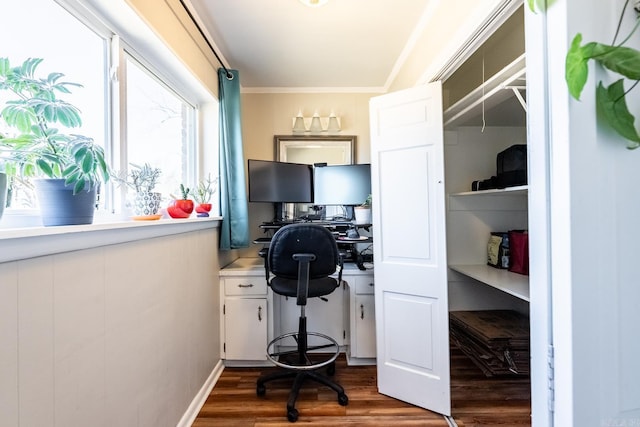 home office featuring ornamental molding and dark wood-style flooring