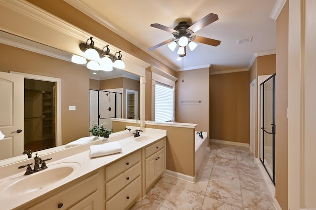 bathroom with a stall shower, visible vents, a sink, and ornamental molding