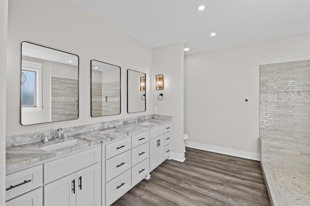 full bathroom featuring toilet, wood finished floors, a sink, baseboards, and double vanity