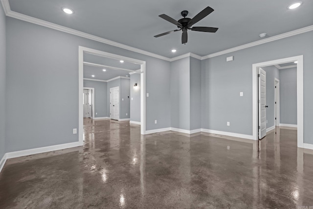 empty room featuring baseboards, ceiling fan, ornamental molding, finished concrete floors, and recessed lighting