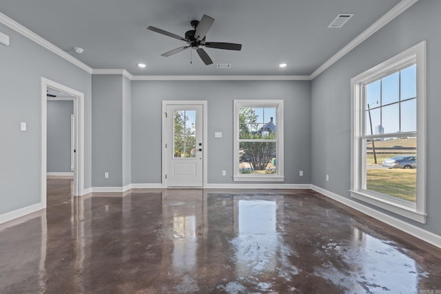 interior space featuring finished concrete flooring, recessed lighting, visible vents, and baseboards