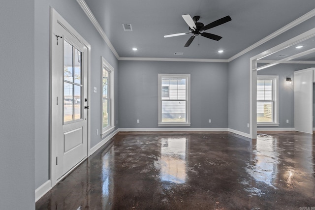 empty room with concrete floors, recessed lighting, visible vents, and baseboards