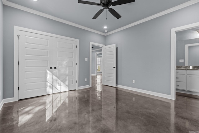 unfurnished bedroom with finished concrete flooring, baseboards, ornamental molding, a closet, and recessed lighting