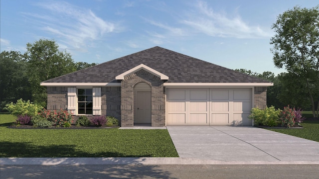 ranch-style house featuring an attached garage, brick siding, concrete driveway, roof with shingles, and a front lawn