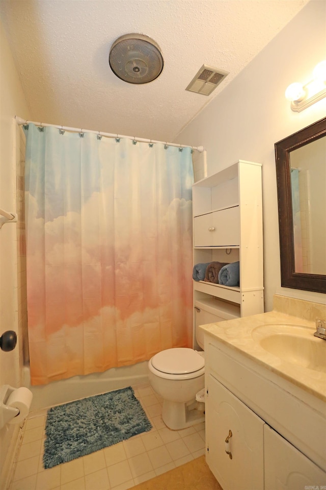 bathroom featuring a textured ceiling, vanity, visible vents, tile patterned floors, and shower / bath combo with shower curtain