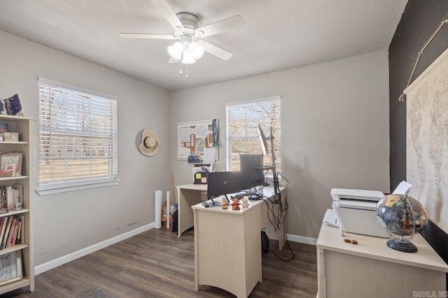 office featuring a ceiling fan, dark wood finished floors, and baseboards