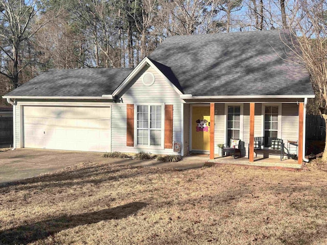 ranch-style house with concrete driveway, a porch, an attached garage, and a shingled roof