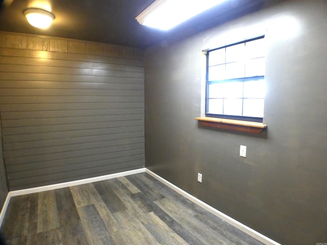 empty room featuring wood walls, baseboards, and wood finished floors