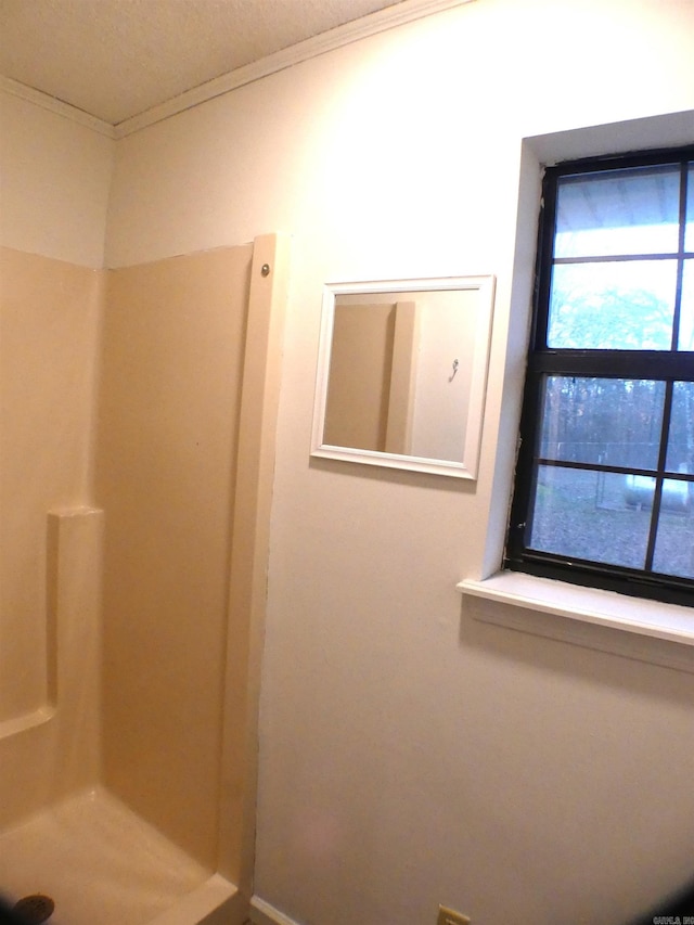 bathroom featuring ornamental molding and walk in shower