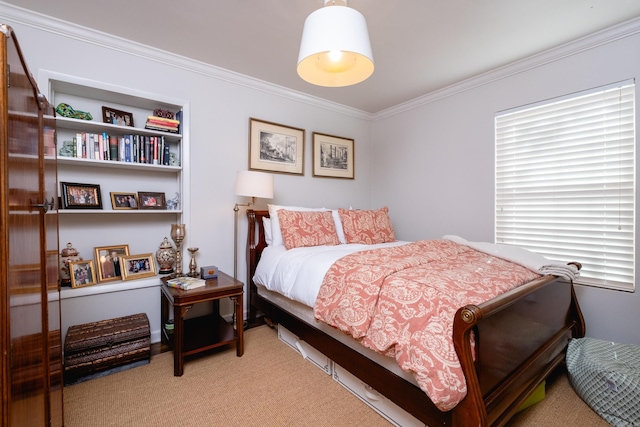 bedroom with light colored carpet and crown molding