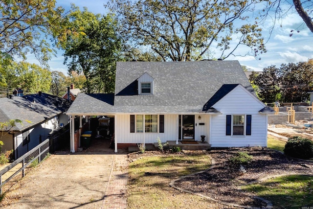 view of front of house featuring an attached carport, concrete driveway, roof with shingles, and fence