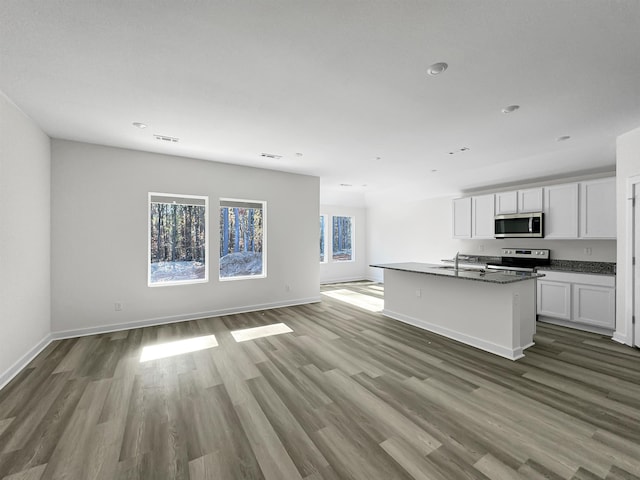 kitchen featuring an island with sink, open floor plan, stainless steel appliances, white cabinetry, and a sink