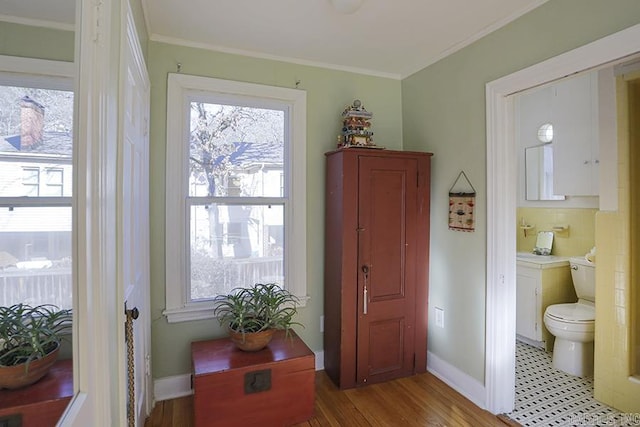 doorway featuring baseboards and crown molding