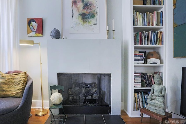 details featuring a fireplace with flush hearth, built in shelves, and wood finished floors