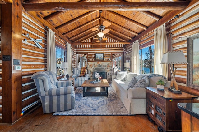 living area featuring high vaulted ceiling, hardwood / wood-style floors, beamed ceiling, and wooden ceiling