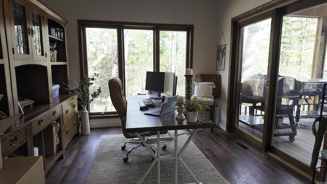 office area with dark wood-style flooring