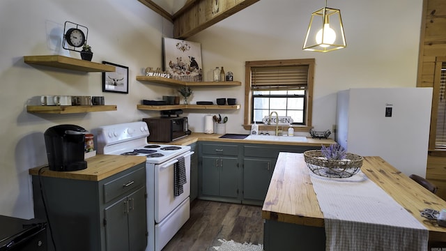 kitchen with gray cabinetry, open shelves, decorative light fixtures, and electric stove