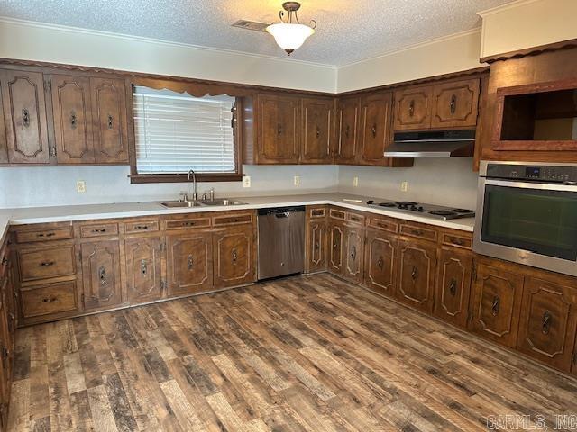 kitchen featuring under cabinet range hood, stainless steel appliances, a sink, light countertops, and dark wood-style floors