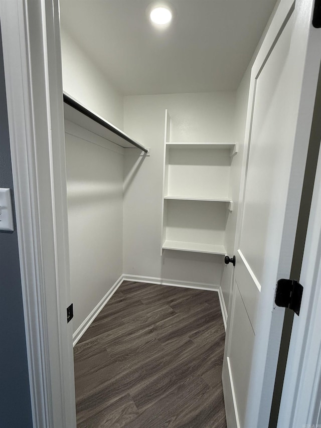 walk in closet with dark wood-style floors