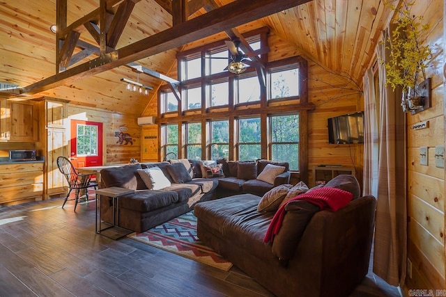 living area featuring wooden ceiling, wooden walls, dark wood-style flooring, and beamed ceiling