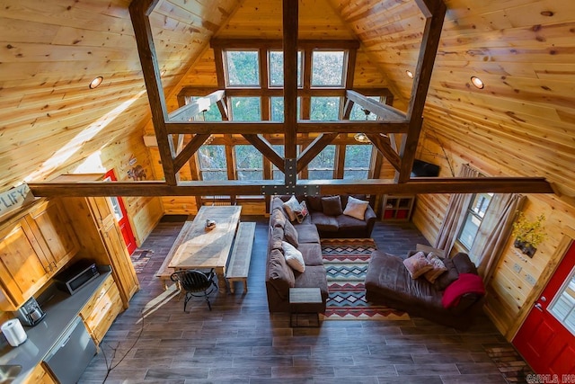 interior space featuring high vaulted ceiling, wooden walls, wood finished floors, wood ceiling, and beamed ceiling