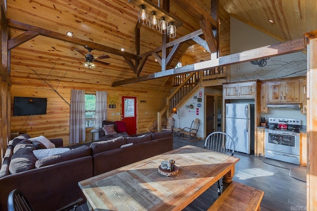 living area with dark wood-style floors, wood ceiling, wooden walls, and stairs