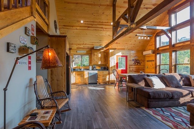 living area featuring high vaulted ceiling, wooden ceiling, dark wood finished floors, and wood walls