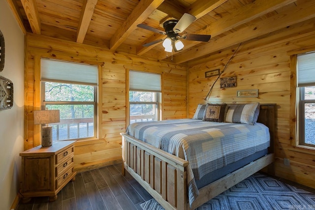 bedroom featuring beamed ceiling, wood walls, wooden ceiling, and dark wood finished floors