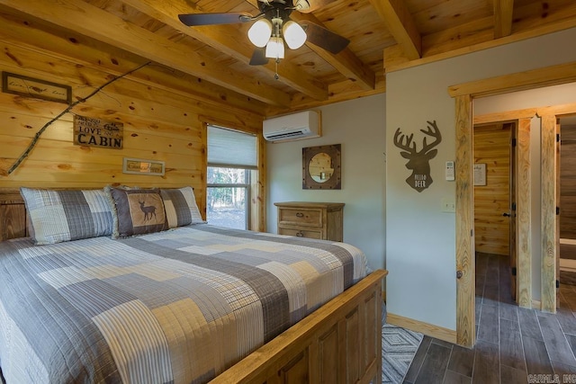 bedroom with dark wood finished floors, wooden ceiling, wood walls, beam ceiling, and a wall mounted AC