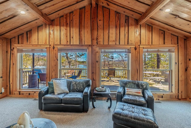 unfurnished living room featuring vaulted ceiling with beams, carpet, and a healthy amount of sunlight