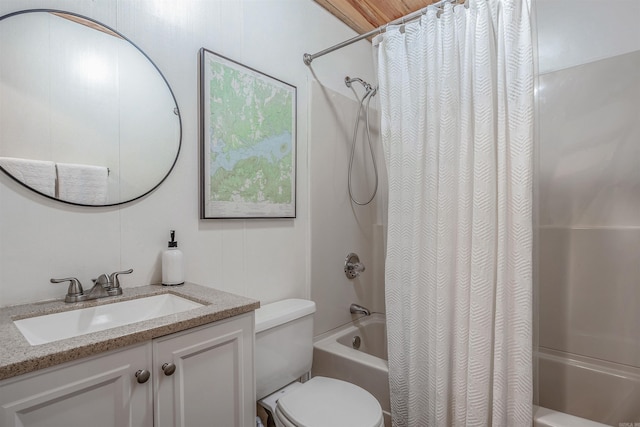 bathroom with toilet, shower / bathtub combination with curtain, and vanity