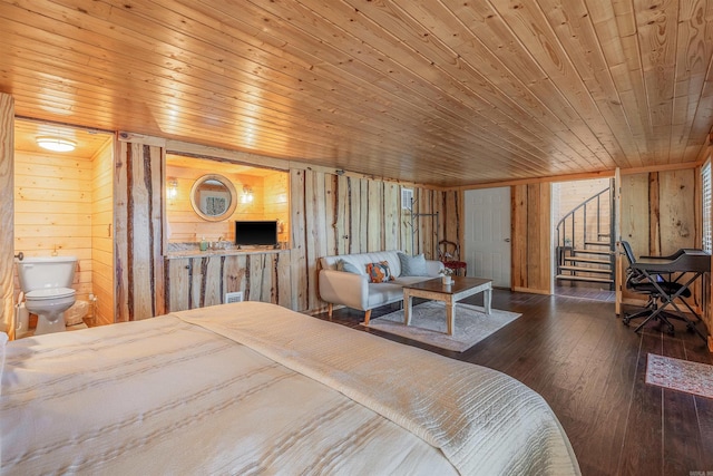 bedroom with wood ceiling, wood walls, and hardwood / wood-style flooring