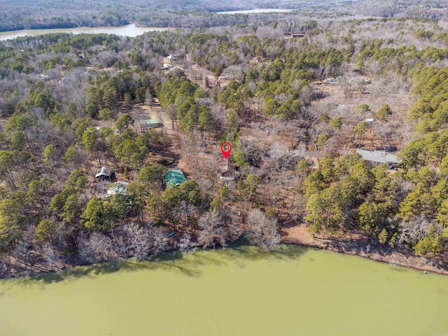 bird's eye view with a water view and a wooded view