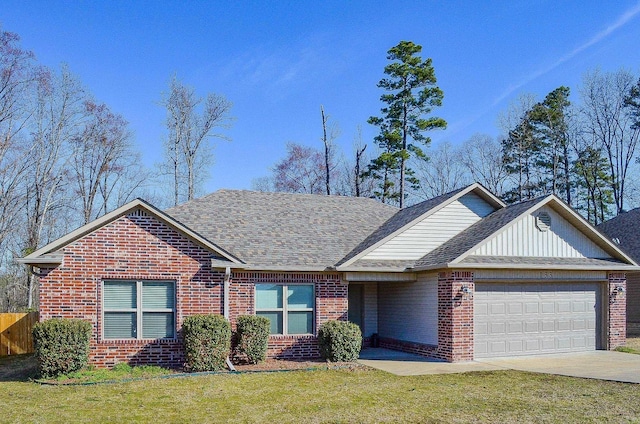 ranch-style house featuring a garage, concrete driveway, brick siding, and roof with shingles