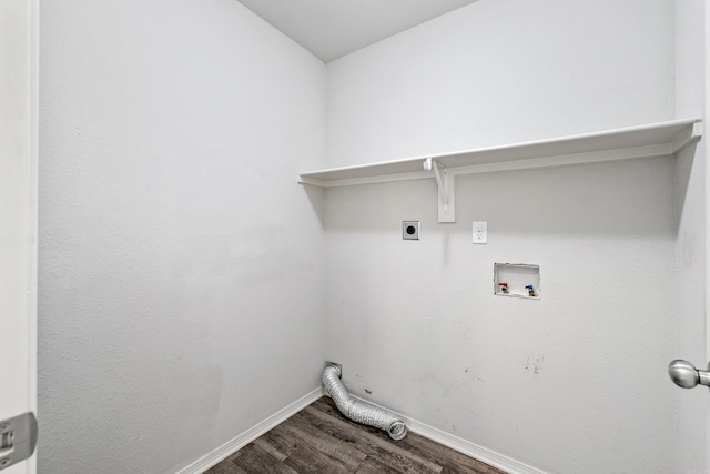 laundry area with washer hookup, hookup for an electric dryer, wood finished floors, laundry area, and baseboards