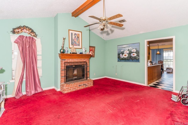 carpeted living room featuring baseboards, visible vents, lofted ceiling with beams, ceiling fan, and a fireplace