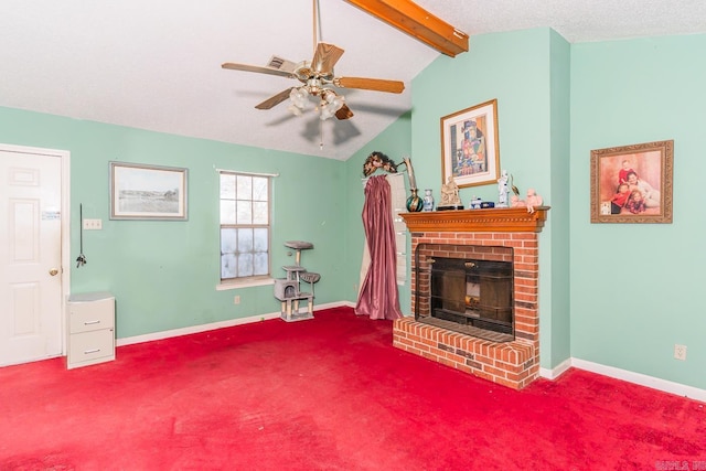 unfurnished living room with carpet floors, a brick fireplace, lofted ceiling with beams, and baseboards