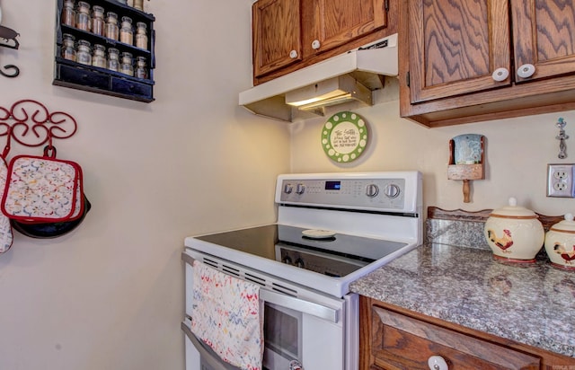 kitchen featuring under cabinet range hood, brown cabinets, and white electric range