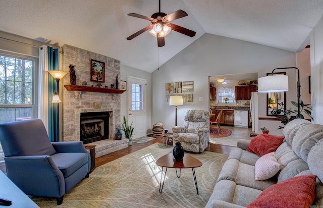 living room with light wood-type flooring, a fireplace, and a wealth of natural light