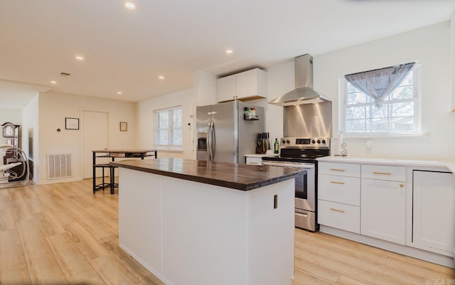 kitchen featuring visible vents, wall chimney exhaust hood, a kitchen island, appliances with stainless steel finishes, and white cabinetry