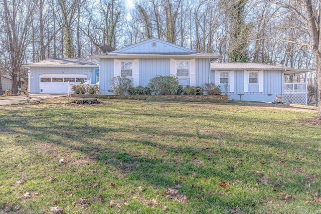 single story home featuring concrete driveway, crawl space, and a front yard