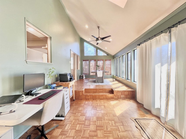 office area with high vaulted ceiling, a ceiling fan, and recessed lighting