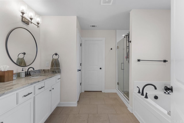 full bath featuring visible vents, tile patterned floors, vanity, a shower stall, and a bath