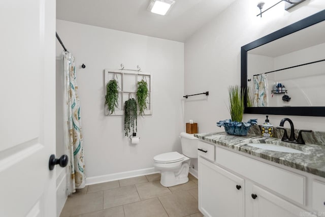 bathroom featuring toilet, tile patterned flooring, vanity, and baseboards